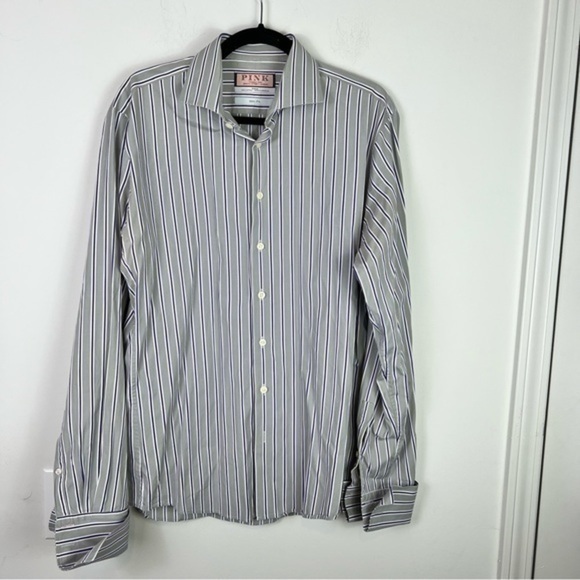 Pink Thomas Pink shirt mens 16 grey striped slim fit button down 100% cotton - Picture 1 of 10